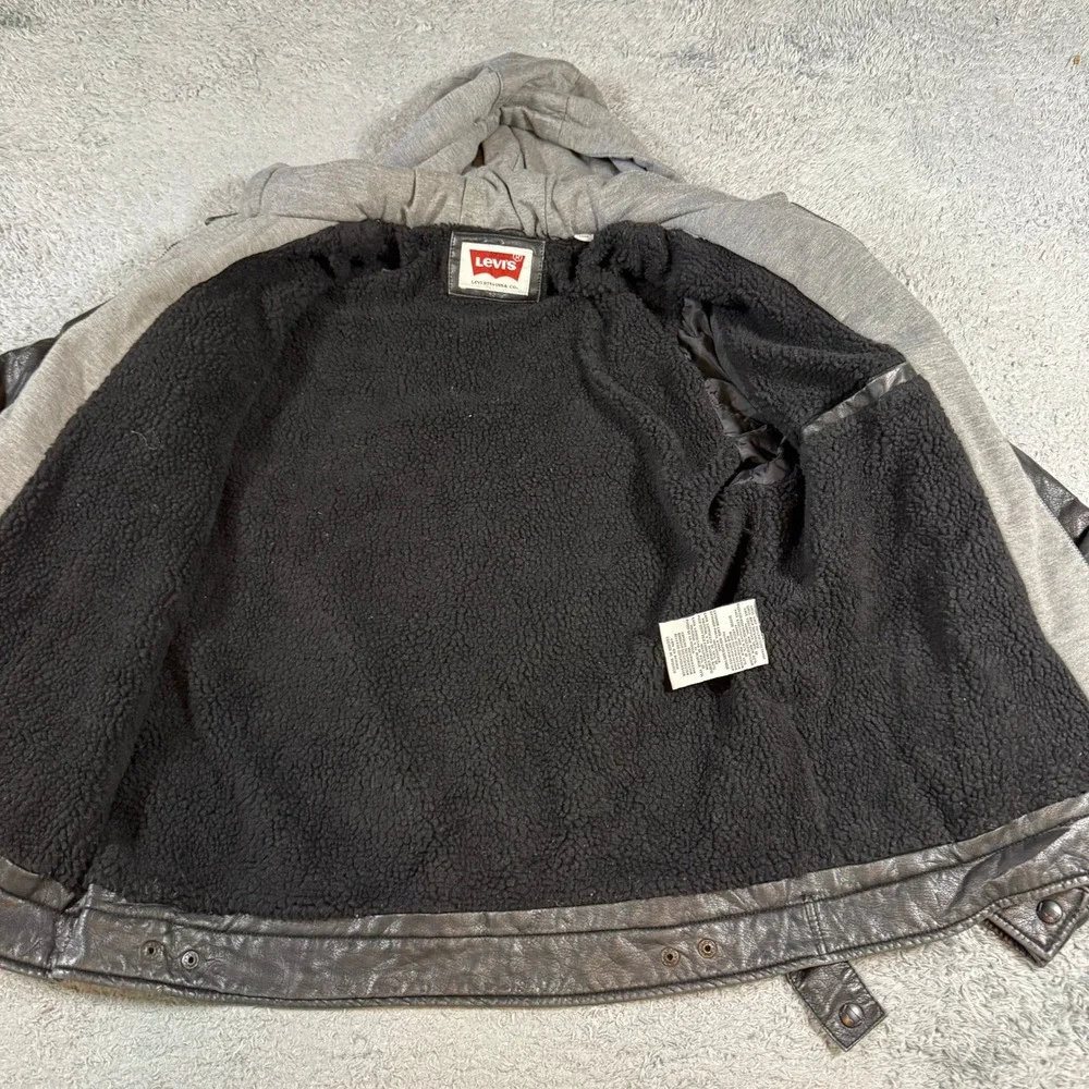 Levi's Mens Faux Leather Hooded Jacket Medium Black Faux Fur Lined Moto Coat